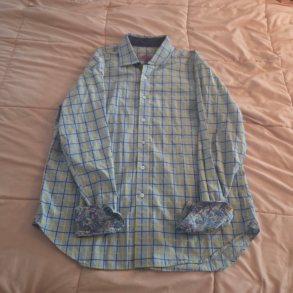 Robert Graham Mens 2XL Button Down Shirt Blue Yellow Check Paisley Trim Cotton
